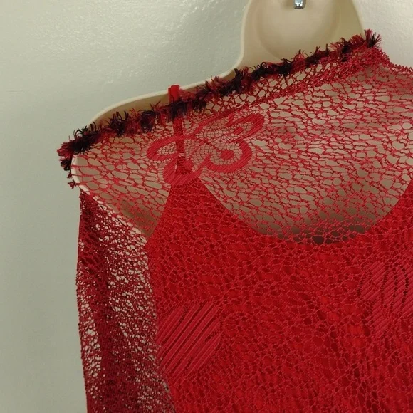 Not Your Mama's Pocncho Red Crocheted Killer Fring Super Cool Must Have Poncho! - Picture 8 of 10